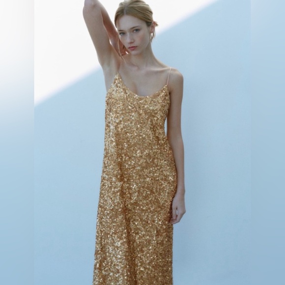 NWOT Zara Gold Square Sequins Midi Slip Dress Size S/M - Picture 9 of 9